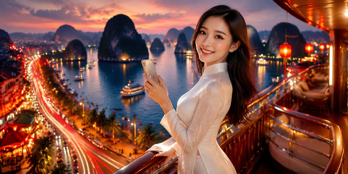 Người dùng tại Hạ Long truy cập hbt casino trên điện thoại – áo dài và vịnh biển